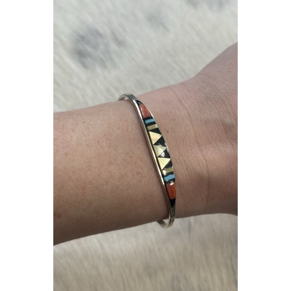 Vintage Sterling Silver Zuni Cena Inlaid Turquoise Onyx Coral Cuff Bracelet - Picture 2 of 8